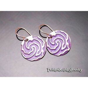 Purple Enameled Copper Swirl Disk Artisan Earrings One-Of-A-Kind Handmade